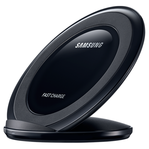 The Samsung Wireless 15W Fast Charger features a sleek black, angled design with Samsung and Fast Charge labels on the front. The Samsung Wireless 15W Fast Charger features a sleek black, angled design with Samsung and Fast Charge labels on the front.