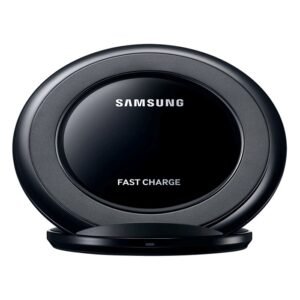 The Samsung Wireless 15W Fast Charger is a black, circular stand with SAMSUNG and FAST CHARGE on the front, designed for wirelessly charging compatible smartphones; available at the stated price in Pakistan.